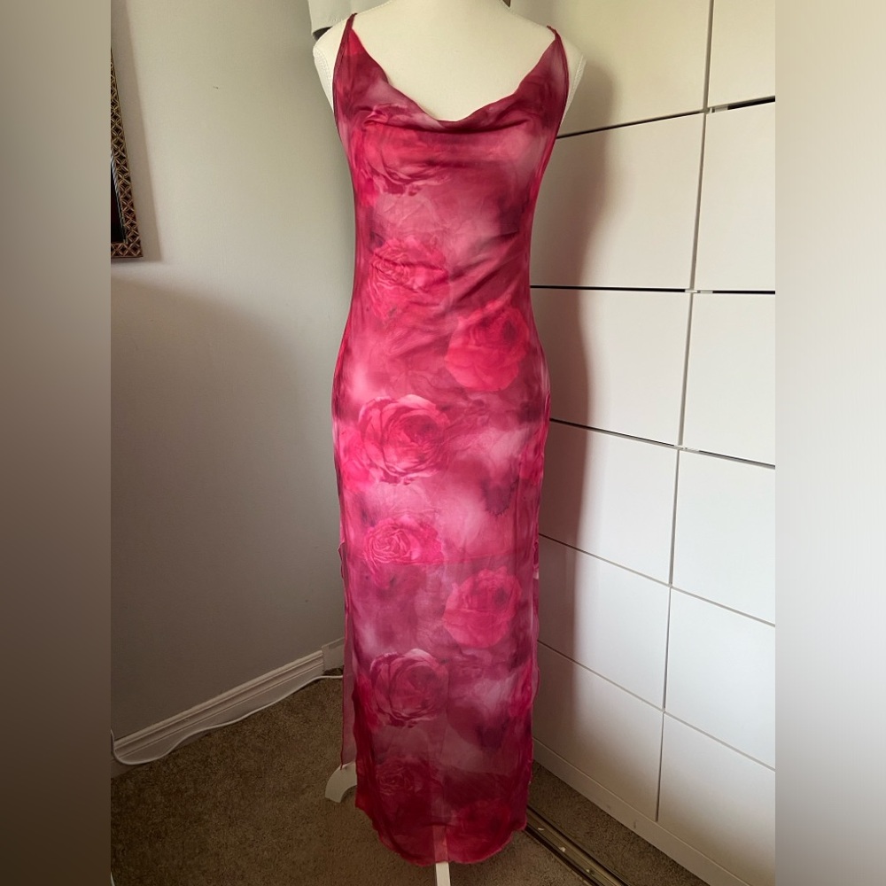 Floral Print Mesh Cowl Cami Dress